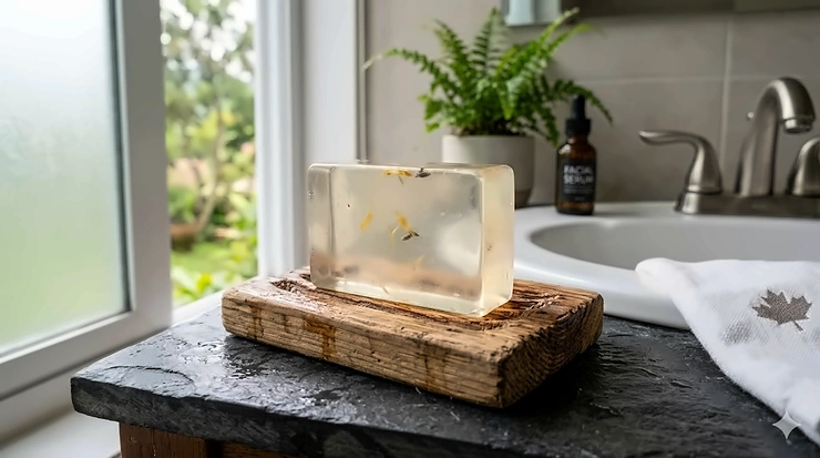 Transparent, unscented clear glycerin soap for face cleansing sitting on a wooden cedar dish inside a modern Canadian bathroom. Ideal for sensitive skin care routine. / Pain de savon transparent à la glycérine pour le visage.