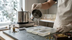 Artisan workshop illustration depicting the small-batch pouring process of the best transparent soap.