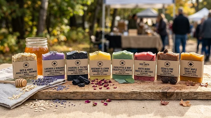A collection of natural handmade bar soap brands displayed on a rustic Canadian cedar block.