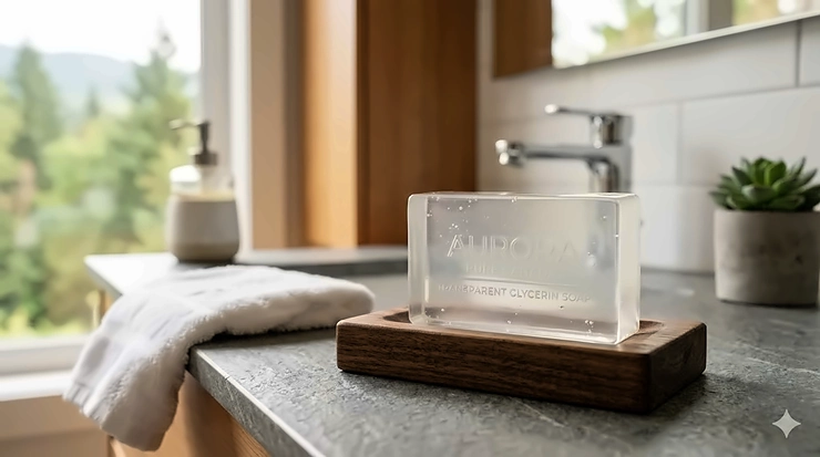 Premium clear bars on a cedar dish, rated as the best transparent soap in Canada for clean, eco-friendly skincare.