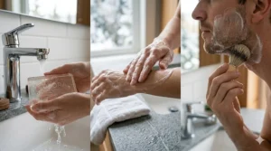 3-step vector illustration showing the versatile uses of the best transparent soap for face, body, and shaving.