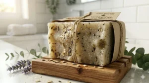 Bilingual product packaging for a natural hot process soap for acne, beautifully labeled as 'Savon naturel pour la peau à tendance acnéique'.