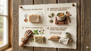 Illustration of eco-friendly soap packaging featuring bilingual English and French product labels for the Canadian market.