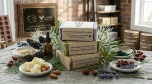 Visual scent profile illustration of a Canadian boreal forest inspired vegan cold process bar soap with cedar and pine notes.