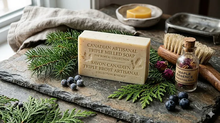 Artisanal Canadian triple milled soap bar with bilingual labeling on a rustic slate background next to natural cedar and maple elements.