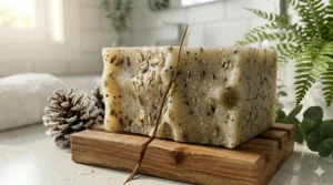 Two bars of natural hot process soap for acne featuring rolled oats and activated charcoal, designed to balance Canadian skin through changing seasons.