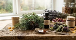 Alt text for image 4: Botanical illustration highlighting locally sourced Canadian ingredients like maple and pine used in nourishing cold process soap.