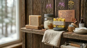 Illustration of a bar of soap infused with yellow prairie wildflowers and blue mountain minerals.
