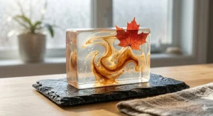 A crystal clear glycerin bar soap prominently displaying a vibrant Canadian maple leaf embedded perfectly inside.