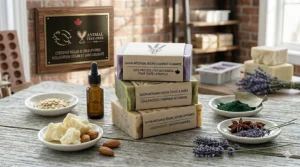 Certified vegan and cruelty-free symbol illustration for plant-based cold process soap bars.