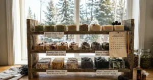 Alt text for image 6: Rows of handmade artisan cold process soap bars curing on wooden racks during the traditional 6-week soapmaking process.