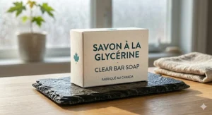 Hand-drawn illustration of a Canadian crafter pouring molten clear glycerin bar soap base into a maple leaf mold.