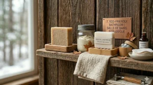 A flat-lay illustration of a traditional bar soap sitting on a bamboo dish in a modern, sustainable Canadian home.