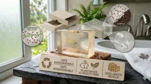 Minimalist illustration of sustainable, zero-waste packaging for a plant-based glycerin soap for face care brand in Canada. / Emballage écologique de savon végétal à la glycérine.