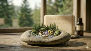 Earth-toned illustration representing a biodegradable, zero-waste triple milled soap for sensitive skin, aligning with sustainable Canadian consumer habits