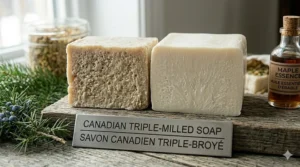 Sustainable plastic-free packaging illustration for a Canadian-made triple milled soap bar with bilingual text and a maple leaf motif.
