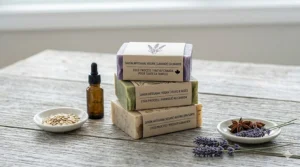 Illustrated plastic-free packaging for a vegan cold process bar soap with bilingual English and French product labeling.