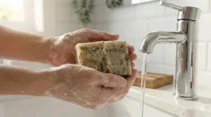 Close-up of a rich, non-drying lather from a hot process soap for acne, providing a gentle cleanse that protects sensitive skin barriers.