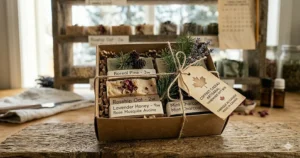 Alt text for image 9: A rustic holiday gift box featuring a curated set of handmade cold process soaps, ideal for Canadian gifting.
