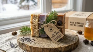 Curated gift sets from local handmade bar soap brands featuring evergreen and botanical scents.