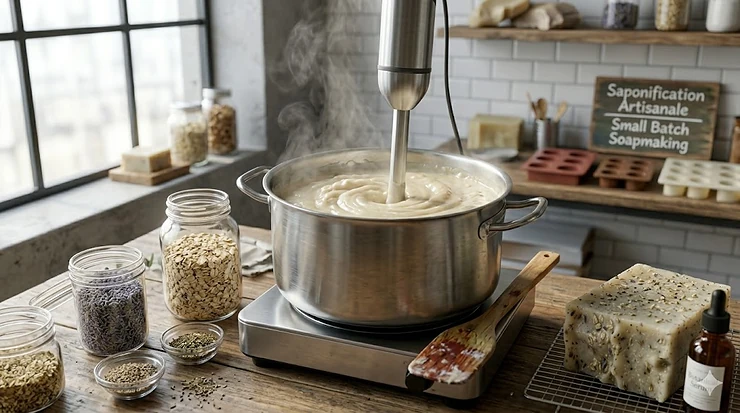 Artisan soapmaker stirring a steaming pot of natural hot process soap for acne care, using traditional, small-batch methods in Canada.