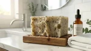 A minimalist bathroom counter featuring a natural hot process soap for acne, curated for a clean, daily Canadian skincare routine.