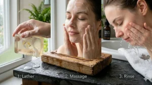 Line-art icon sequence illustrating how to wash your face with mild glycerin soap for face cleansing, including lathering, massaging, and rinsing. / Étapes pour nettoyer le visage avec un savon doux.
