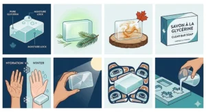 Illustrated clear glycerin bar soap showing a subtle maple scent infusion and a rustic Canadian presentation.