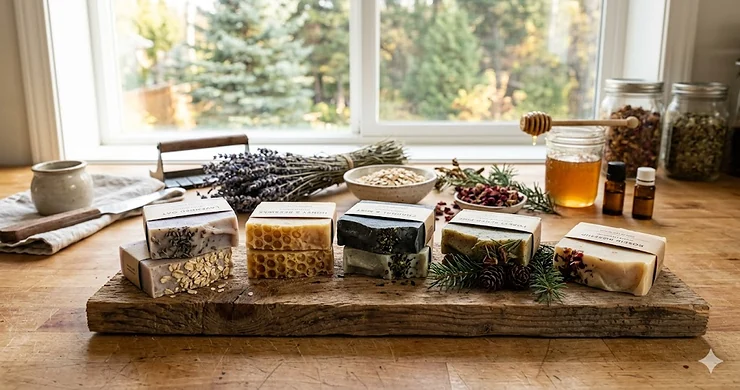 Alt text for image 1: A variety of handmade natural cold process soap bars displayed on a cedar block with lavender and oats, crafted for Canadian skin.
