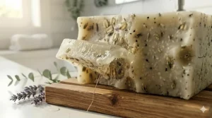 Detailed macro photo highlighting the rich, naturally occurring glycerin in an artisan hot process soap for acne to keep skin hydrated.