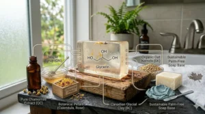 Illustration of natural botanical ingredients infused in a gentle glycerin soap for face, featuring local Canadian plant extracts. / Savon artisanal à la glycérine enrichi d'ingrédients naturels canadiens.