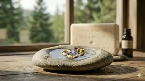 Flat lay illustration of soothing Canadian botanical ingredients like organic chamomile and colloidal oatmeal surrounding a gentle triple milled soap bar.