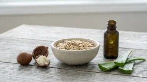 Graphic illustration showcasing plant-based ingredients used in vegan cold process bar soap recipes, including olive oil and oats.