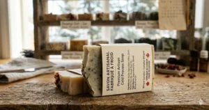 Alt text for image 7: A bilingual Canadian soap label showcasing premium cold process soap, marked as savon artisanal fabriqué au Canada.