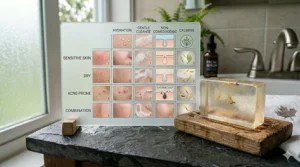 Chart detailing benefits of hypoallergenic glycerin soap for face applications across sensitive, dry, and acne-prone skin types. / Guide des types de peau pour l'utilisation du savon à la glycérine.