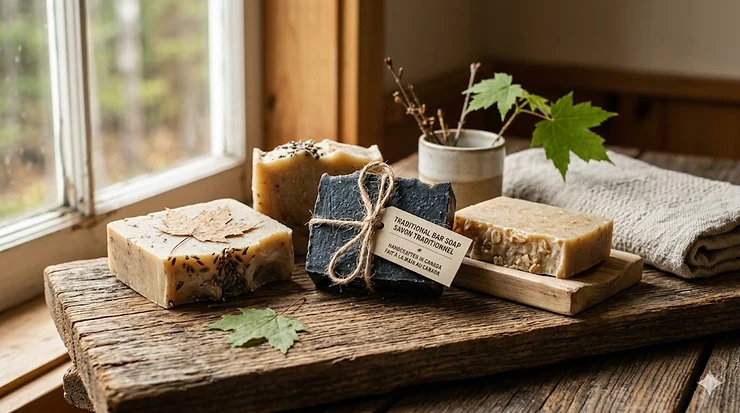A collection of artisanal traditional bar soaps arranged on a cedar wood plank with a dried maple leaf decoration.