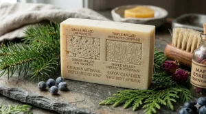 Side-by-side technical illustration comparing the air-pocket structure of standard bars to the dense composition of premium triple milled soap.