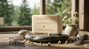 Graphic illustration showing a protective moisture barrier on skin against harsh Canadian winter air, highlighting hydrating triple milled soap for sensitive skin.