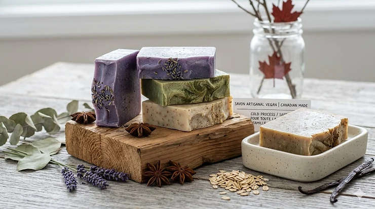 Handcrafted vegan cold process bar soap stacked on a natural cedar block, made with organic plant-based ingredients for Canadian skincare.