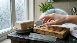 Vector graphic showing how a natural glycerin soap for face protects the skin barrier against dry, cold Canadian winter air. / Protection de la barrière cutanée en hiver avec un savon à la glycérine.