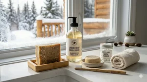 A zero-waste bathroom setup featuring plastic-free handmade bar soap brands.