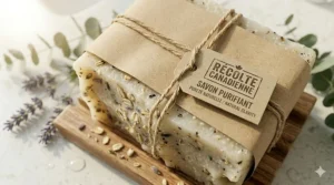 Eco-friendly, zero-waste packaging for a Canadian-made hot process soap for acne, using biodegradable materials for sustainable skincare.