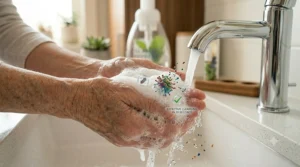 Illustration of foaming hand soap effectively cleansing hands.