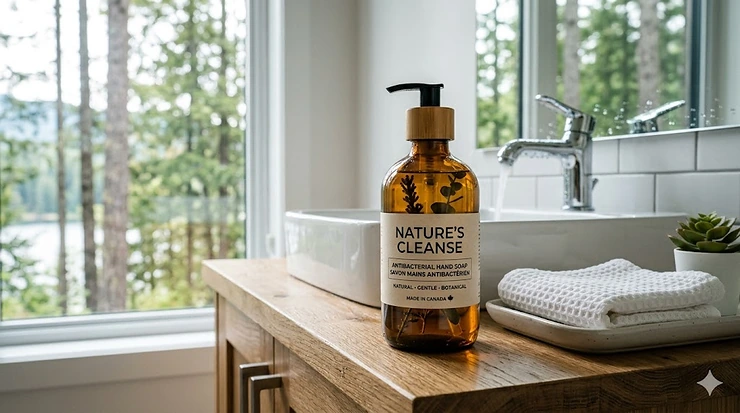 A bottle of natural antibacterial hand soap on a clean bathroom counter. antibacterial hand soap natural