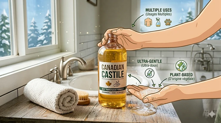 A clear bottle showcasing the best transparent best castile soap on a modern bathroom vanity in a Canadian home.