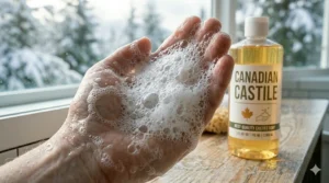 Graphic displaying a product label design with English and French text for the best transparent best castile soap market requirements.