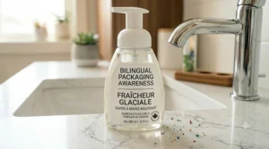 Product label showing English and French text on our foaming hand soap.