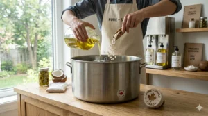 The craft process of our Canadian-made unscented castile liquid soap. / Le processus artisanal de notre savon de Castille liquide sans parfum fabriqué au Canada.