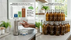 A visual chart comparing the long-term cost savings of foam soap vs liquid soap over two years, including Canadian currency symbols.