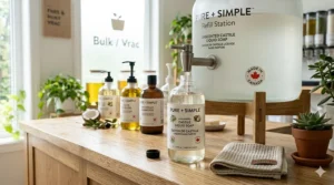 Sustainable eco-friendly unscented castile liquid soap refill station. / Station de recharge durable pour savon de Castille liquide sans parfum.